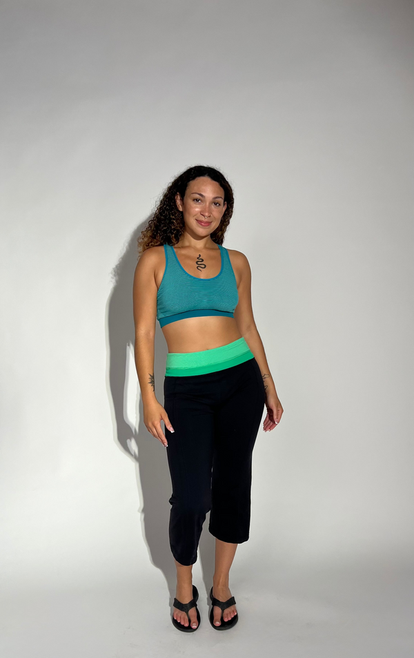 Low Rise Cropped Leggings - Green Striped Band